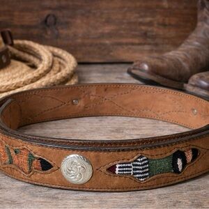 Circle Y of Yoakum Brown & Silver Medallion Western Leather Belt Size 36 USA